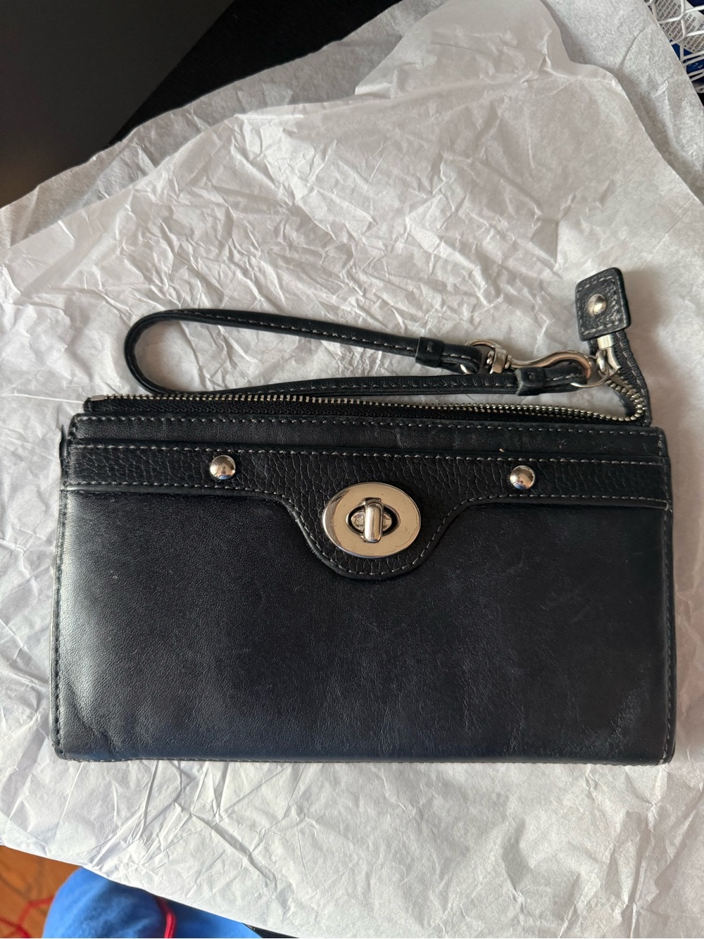 Coach Black Leather Wristlet Wallet with Silver Hardware